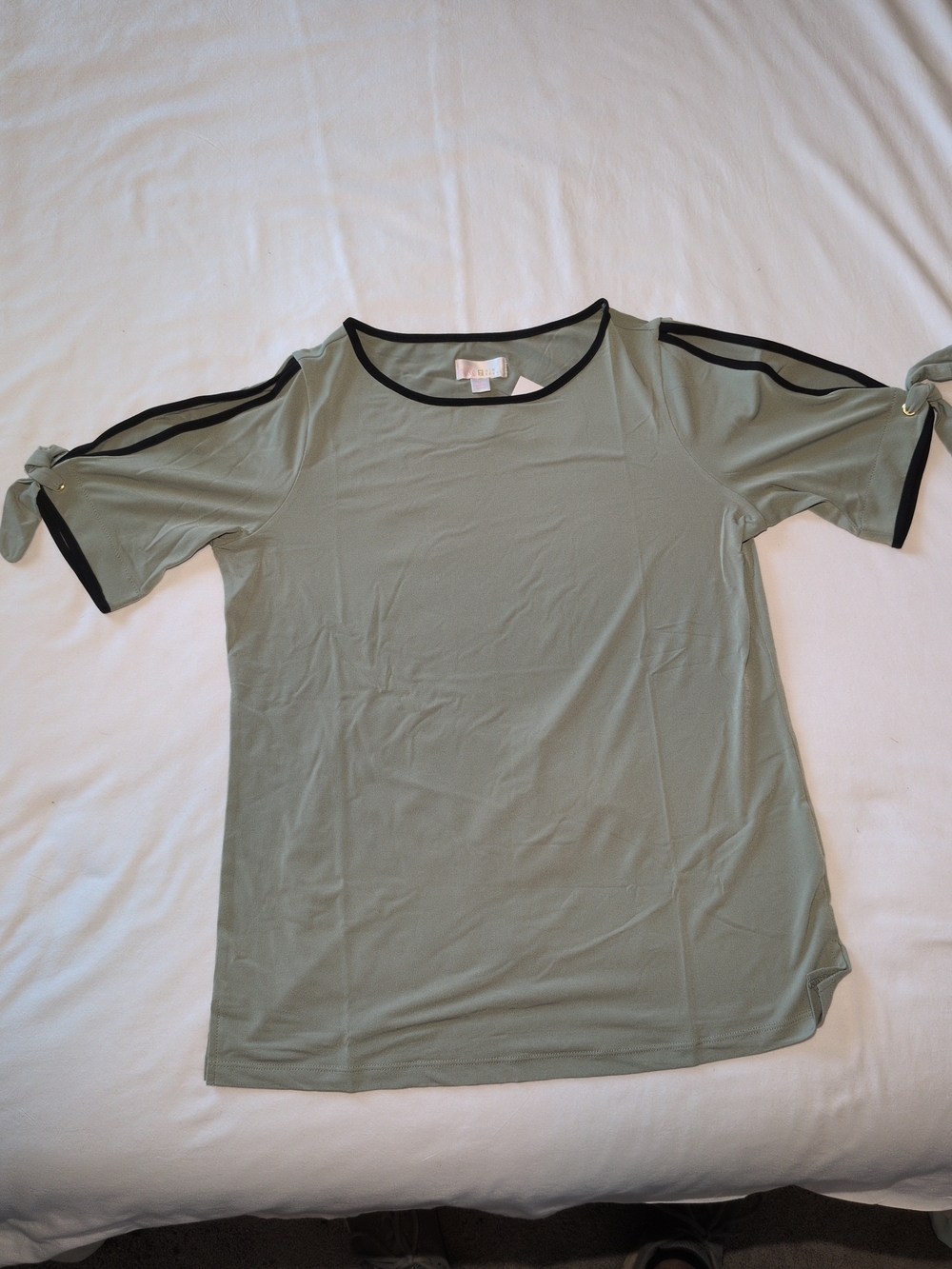 Belle by Kim Gravel Sage Green Short Sleeve Top with Black Trim